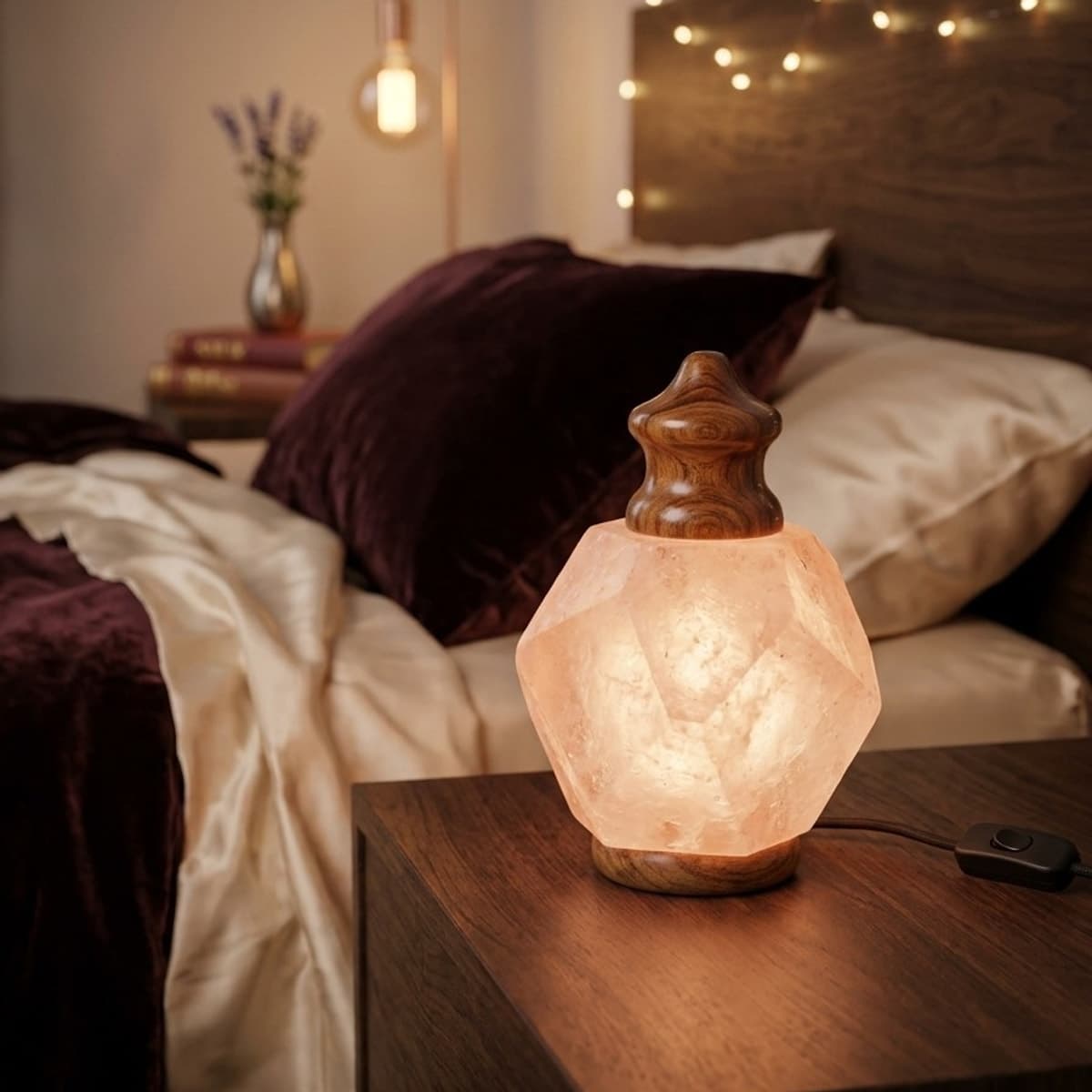 Himalayan pink salt lamp lantern glowing on a bedside table