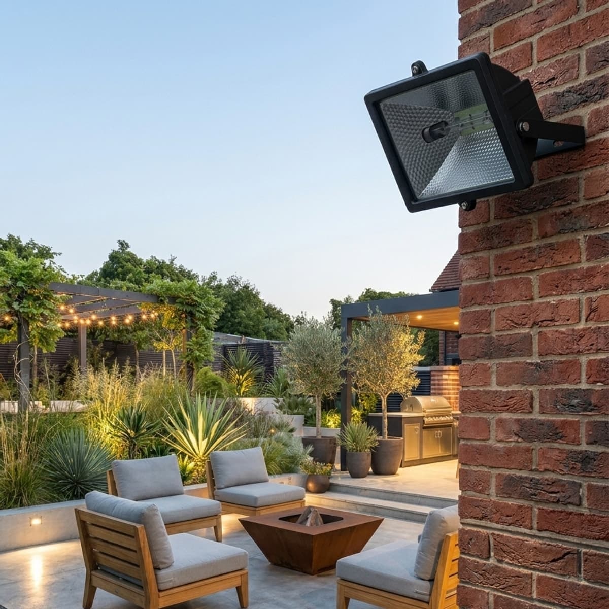 Black halogen floodlight mounted on a brick wall above a garden patio
