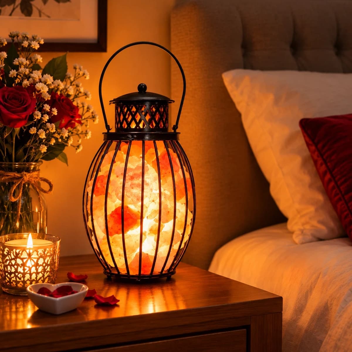 Himalayan pink salt cage lantern glowing on a bedside table